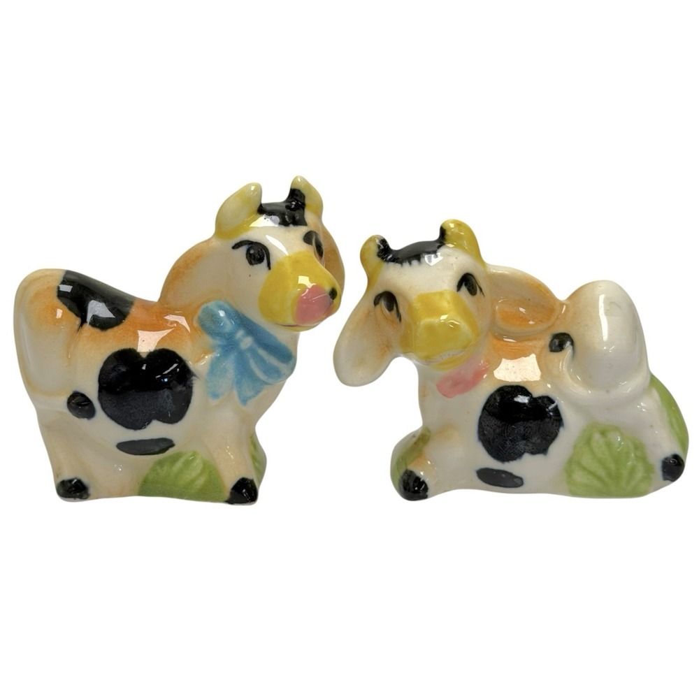 Vintage 50s Kitschy Anthropomorphic Cow Calf Salt & Pepper Shakers MCM Japan